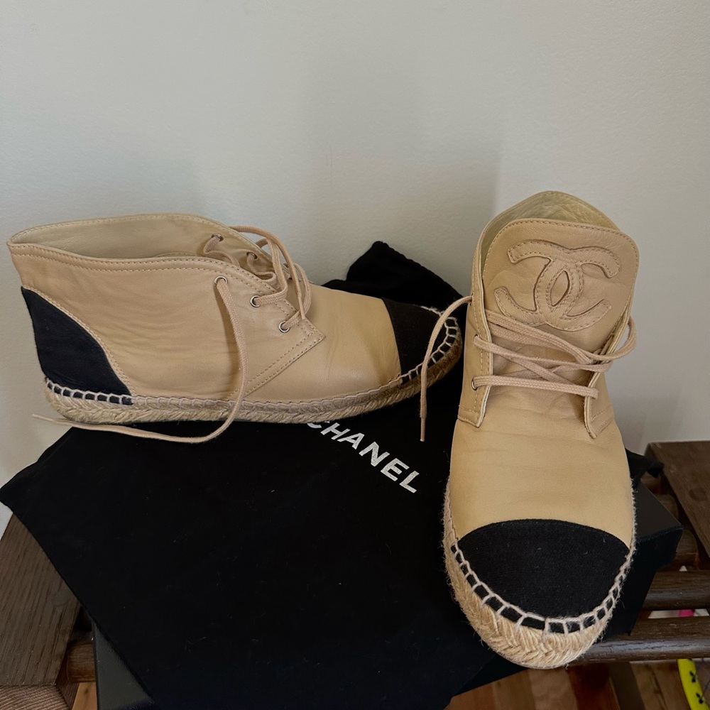 CHANEL Beige and Black Espadrille Ankle Boots